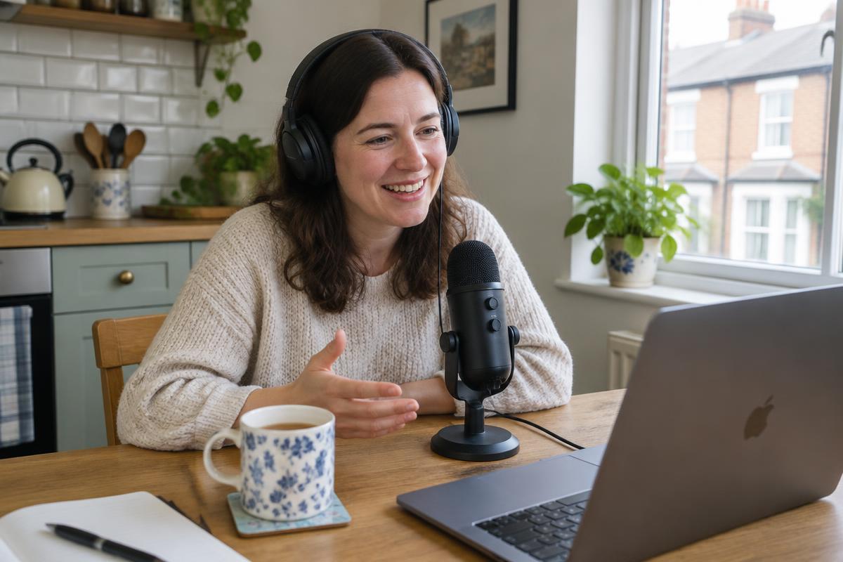 Woman smiling while recording a podcast at her kitchen table