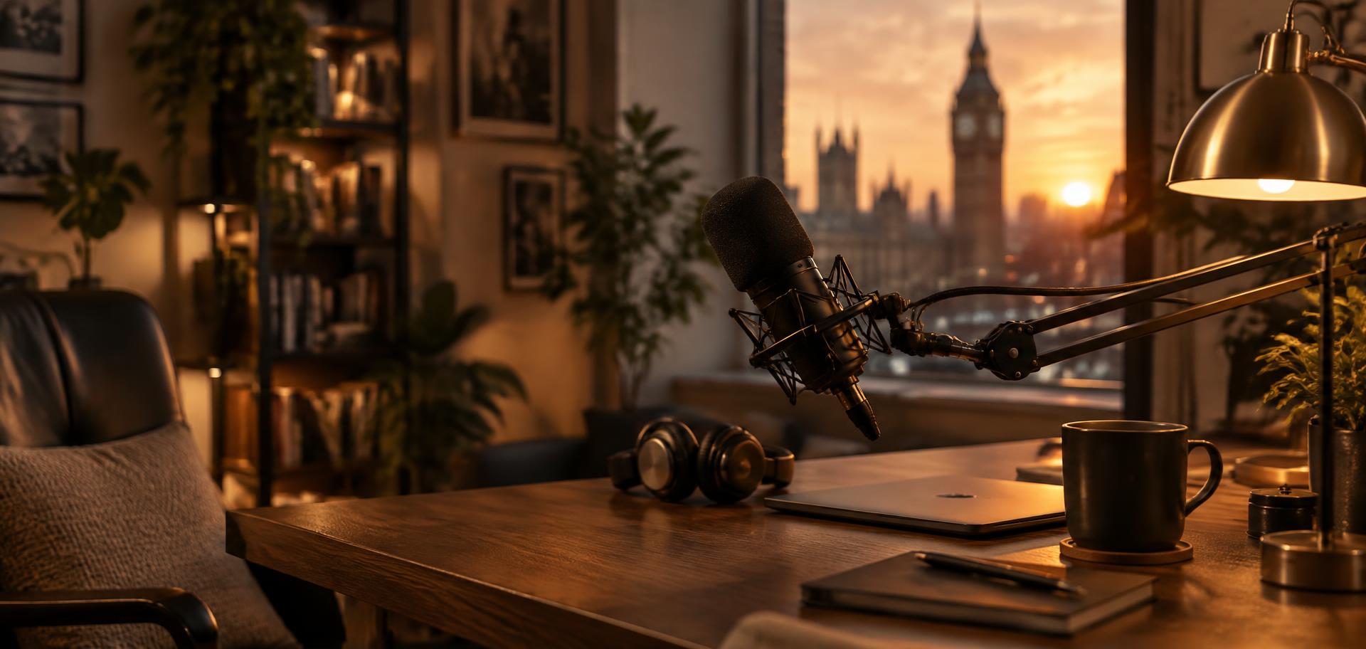 Podcast microphone on a boom arm in a London home studio at sunset