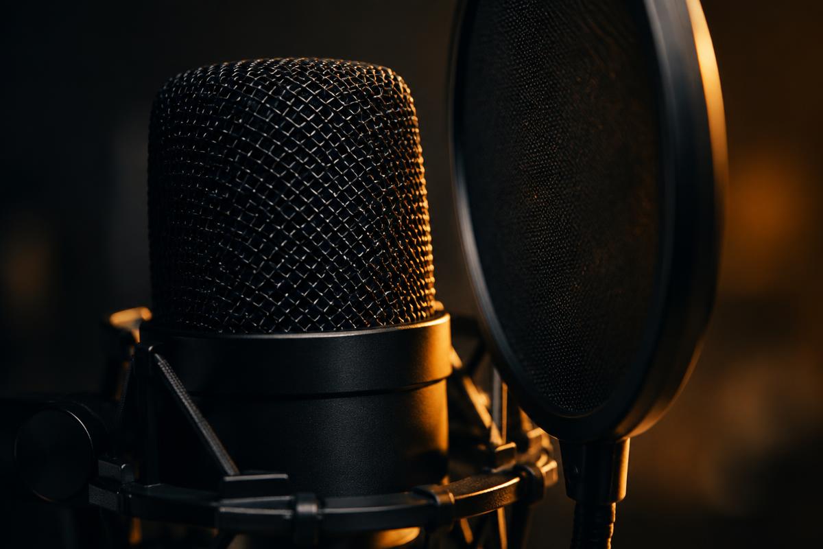Close-up of a studio microphone grille with pop filter