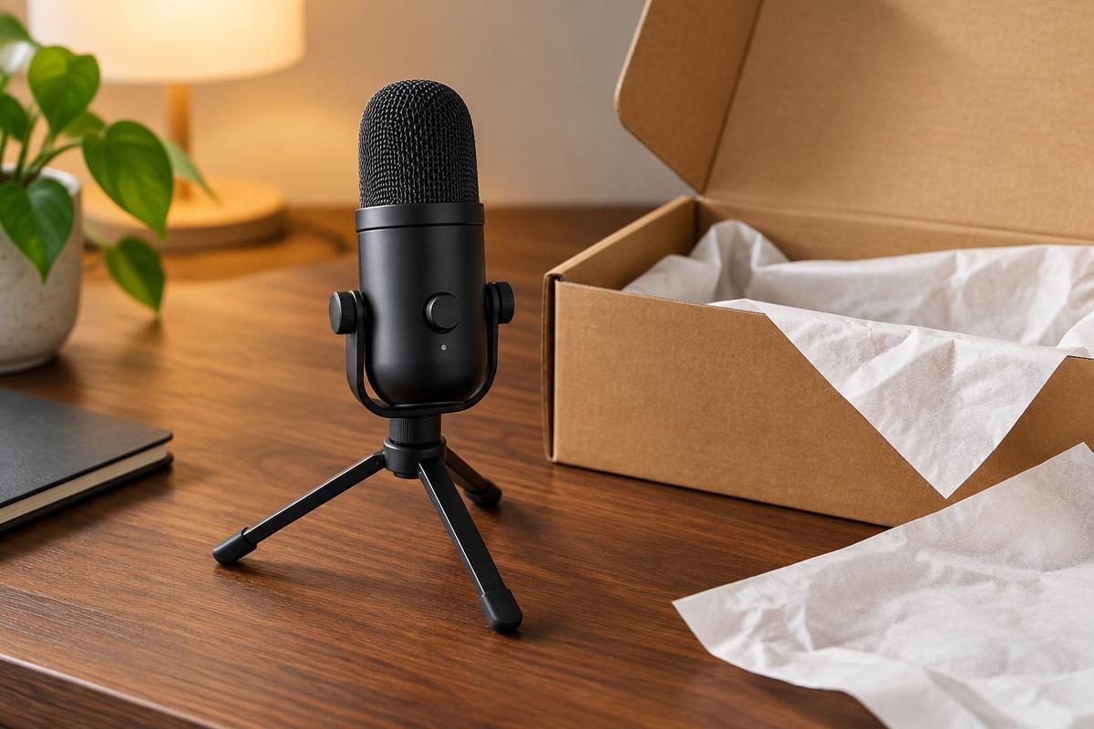 Compact USB podcast microphone on a tripod next to its delivery box